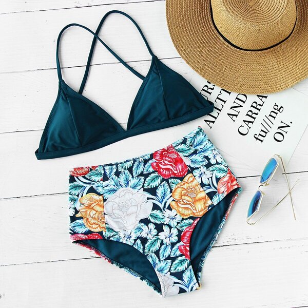 

Flower Print High Waist Crisscross Mixed And Match Bikini Set