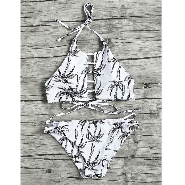 

Palm Tree Halter Top With Ladder Cutout Bikini