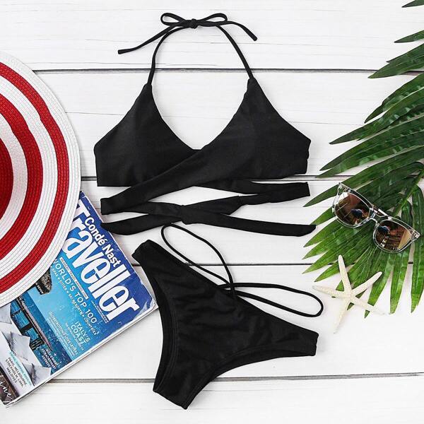 

Wrap Cross Halter Top With Strappy Bikini Set
