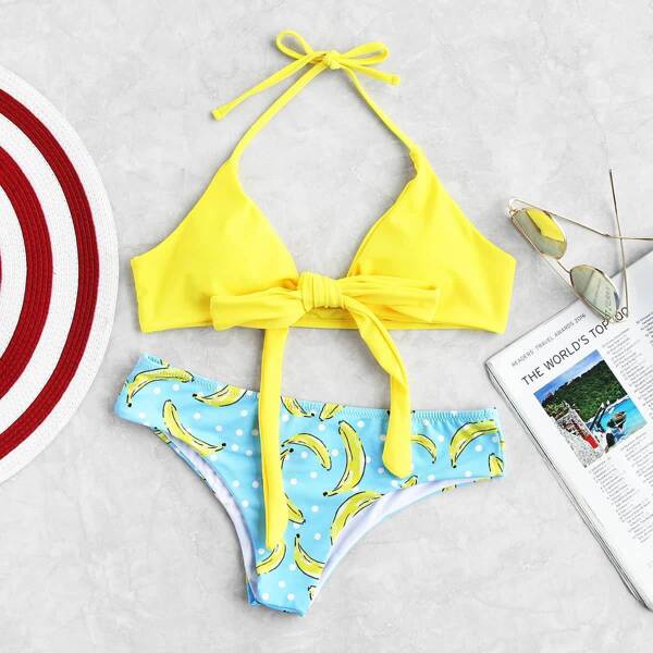 

Banana And Polka Dot Print Self Tie Bikini Set, Multicolor