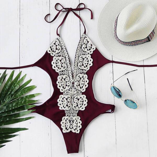 

Contrast Crochet Plunge Neck Monokini, Multicolor