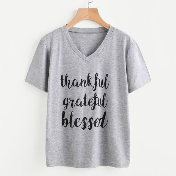 

V-neckline Slogan Print Tee, Grey