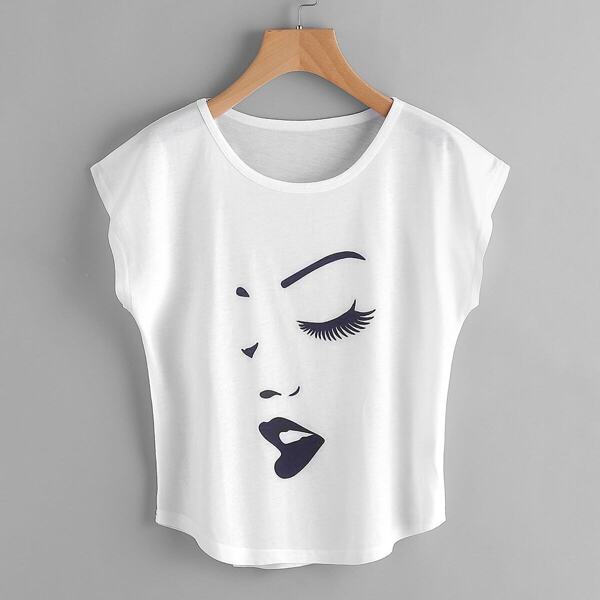 

Face Print Cap Sleeve Curved Hem Tshirt, White