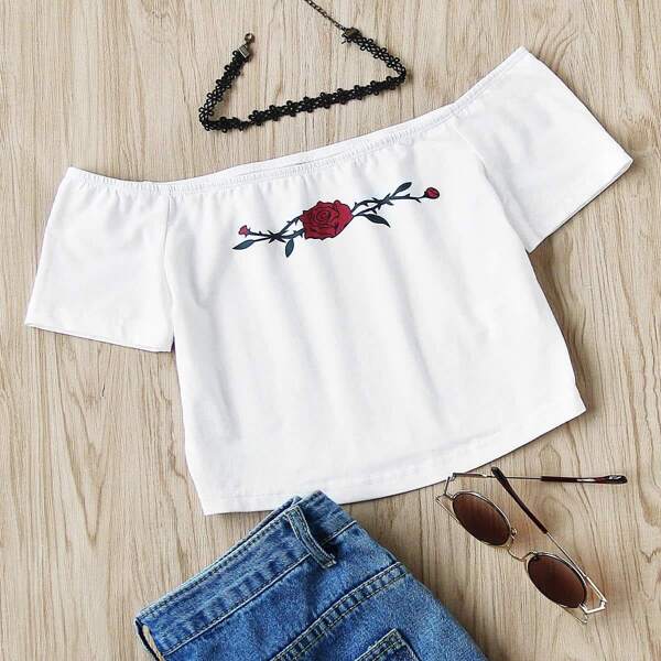 

Rose Print Crop Off Shoulder Top