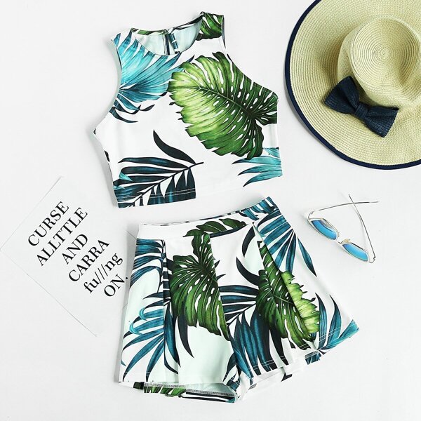

Jungle Print Crop Tank Top And Pleated Shorts Set