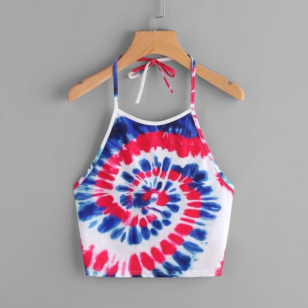 

Spiral Tie Dye Print Tie Halter Top, Multicolor