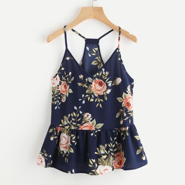 

Rose Cluster Print Peplum Racerback Cami Top