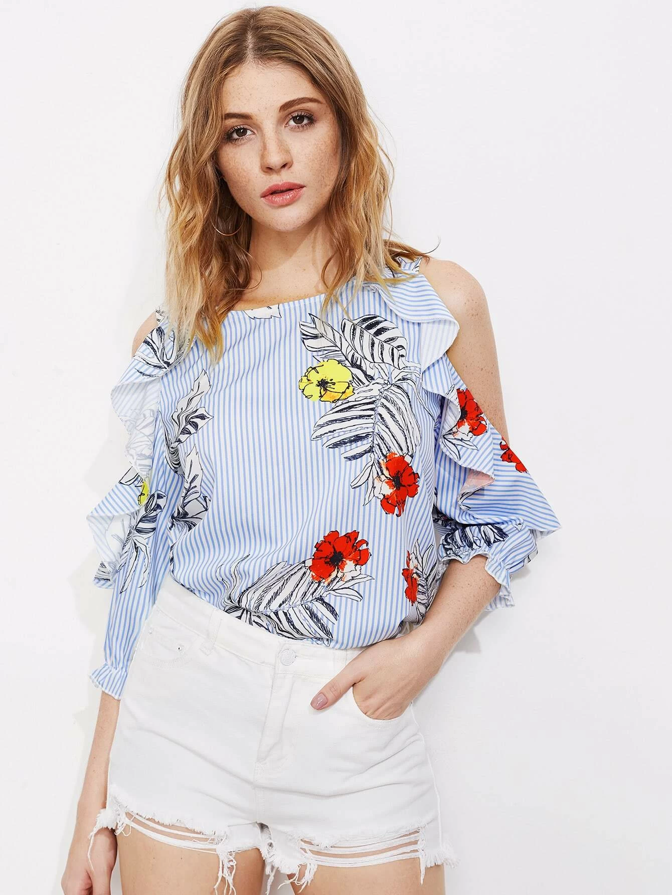 Blusa de rayas verticales con estampado y volantes | Mode de Las Mujeres Rayas Verticales Floral Con Volantes De Manga