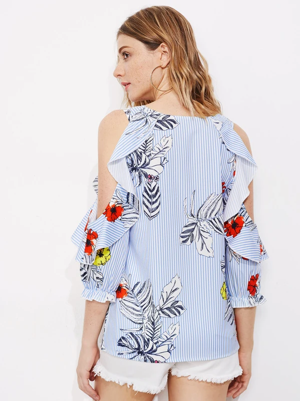 Blusa de rayas verticales con estampado y volantes | Mode de Las Mujeres Rayas Verticales Floral Con Volantes De Manga