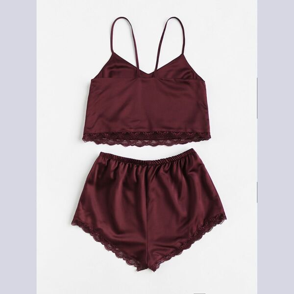 

Lace Trim Satin Cami And Shorts Pajama Set, Burgundy