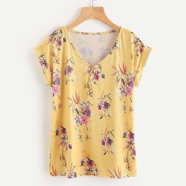 

Rolled Cuff Flower Print Tee, Yellow