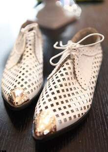 White Metal Cap Toe Lace Up Cut Out Flat