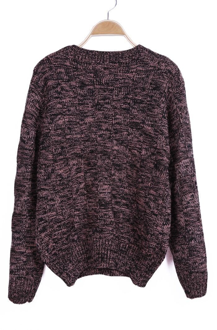 Wine Red Round Neck Long Sleeve Plaid Pullovers Sweater SheIn(Sheinside)