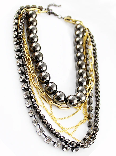 Black Crystal Bead Gold Chain Necklace