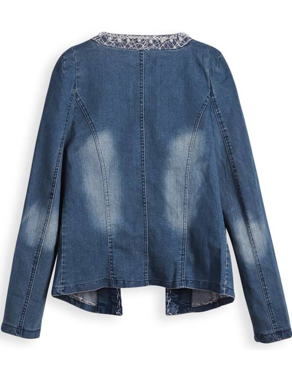 Navy Long Sleeve Bead Rhinestone Denim Jacket For Mailbox Binding