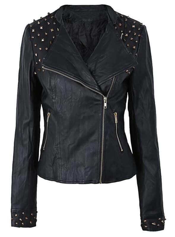 Black Spiked Shoulder Faux Leather Moto Jacket Shein Sheinside