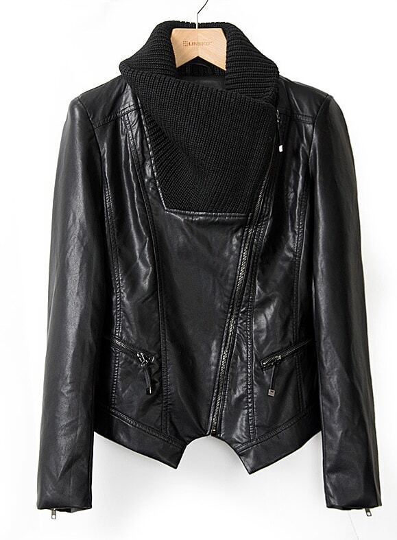 Black Contrast Knit Collar Pu Leather Jacket Shein Sheinside