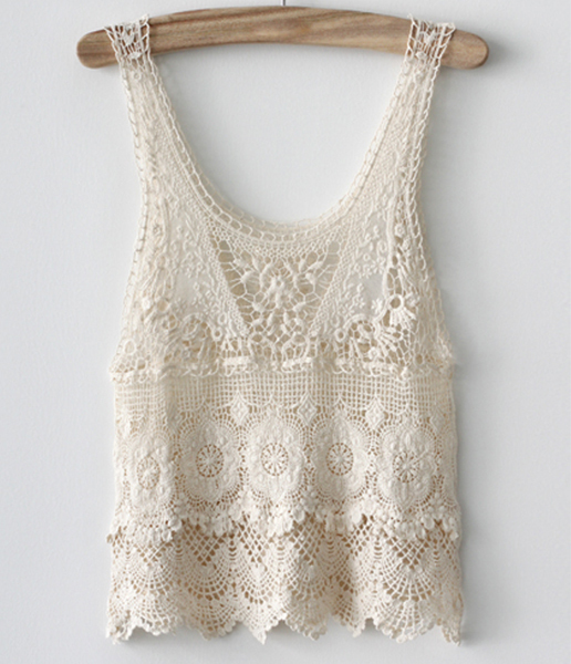 Beige Sleeveless Crochet Lace Vest -SheIn(Sheinside)