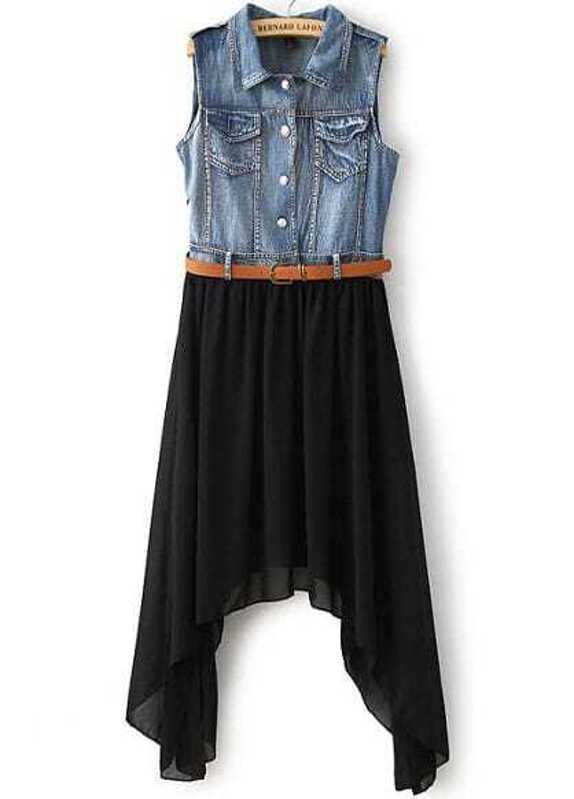 Black Denim Chiffon Dress