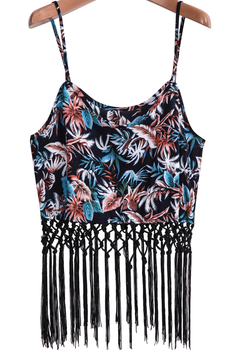 Black Spaghetti Strap Leaves Print Tassel Cami Top -SheIn(Sheinside)