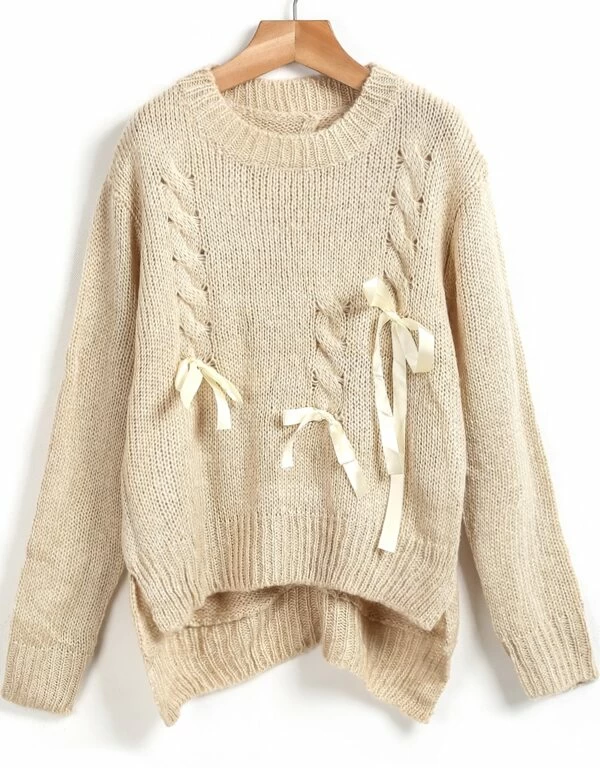 Jersey punto lazo manga larga crudo | Mode de Mujer | SHEIN Jersey de punto lazo manga larga gris | Mode de Mujer