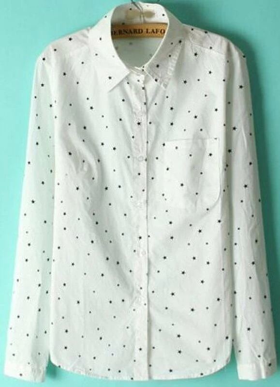 Blusa solapa estrella manga larga blanco | Mode de Mujer Blusa solapa manga larga estrellas blanca | Mode de Mujer