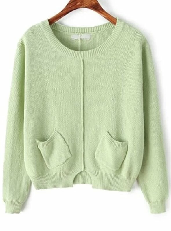 Green Long Sleeve Pockets Knit Sweater Green Long Sleeve Pockets Knit Sweater