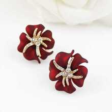 White Diamond Red Flower Stud Earrings