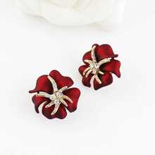 White Diamond Red Flower Stud Earrings