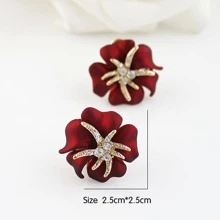 White Diamond Red Flower Stud Earrings