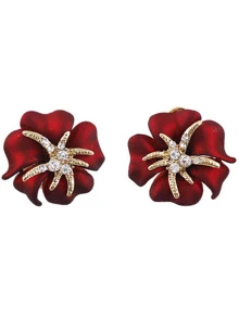 White Diamond Red Flower Stud Earrings