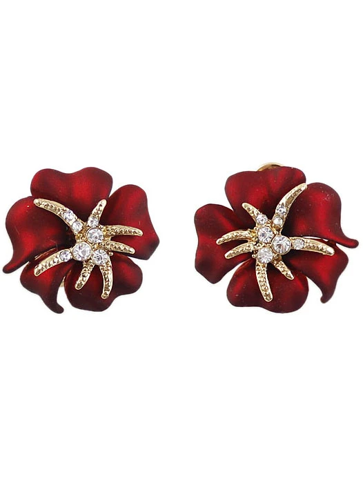 White Diamond Red Flower Stud Earrings