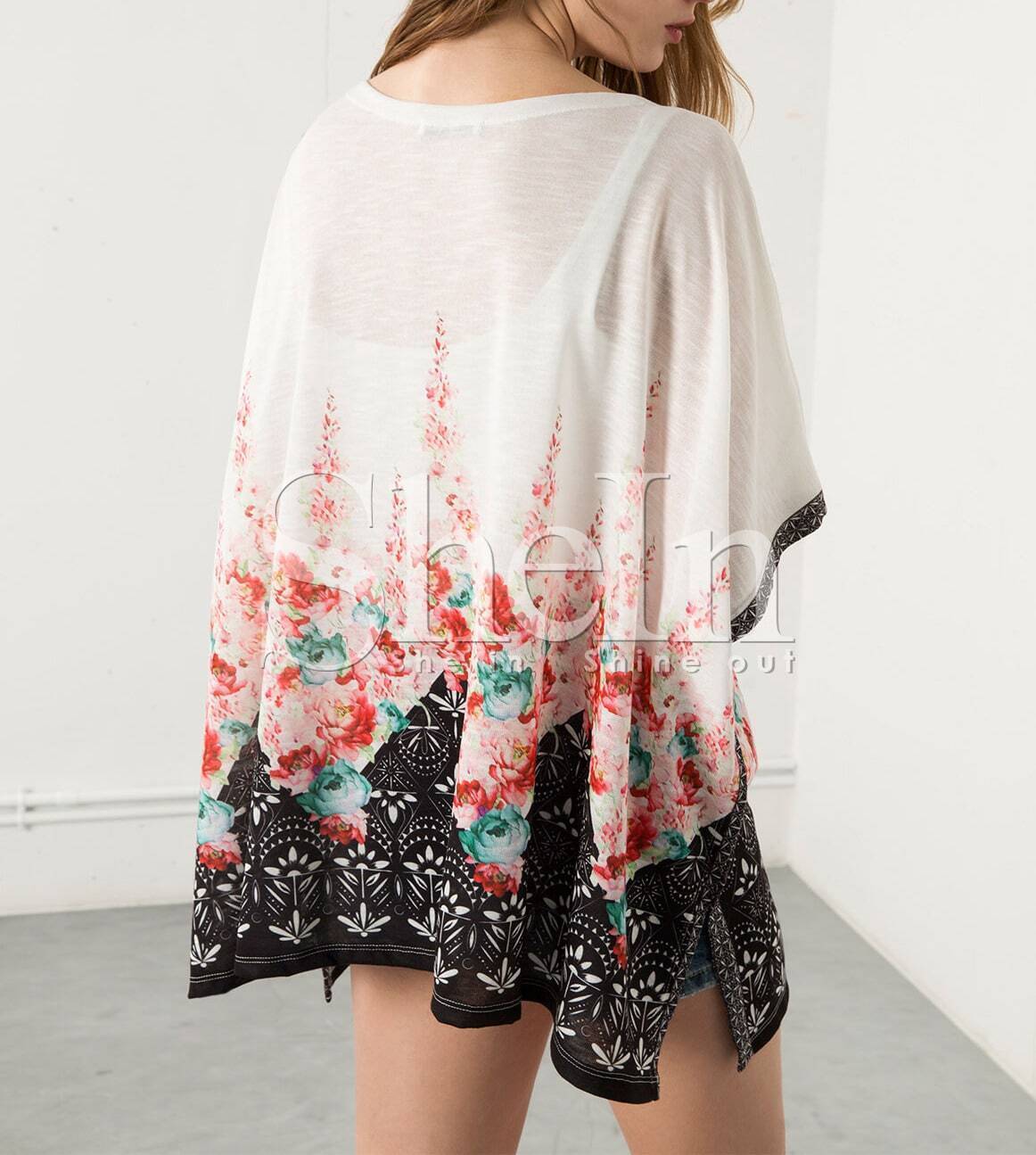White Short Sleeve Floral Print Kimono SheIn(Sheinside)