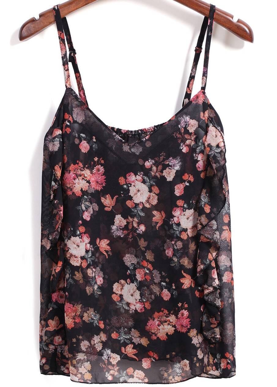 Black Spaghetti Strap Floral Chiffon Cami Top -SheIn(Sheinside)