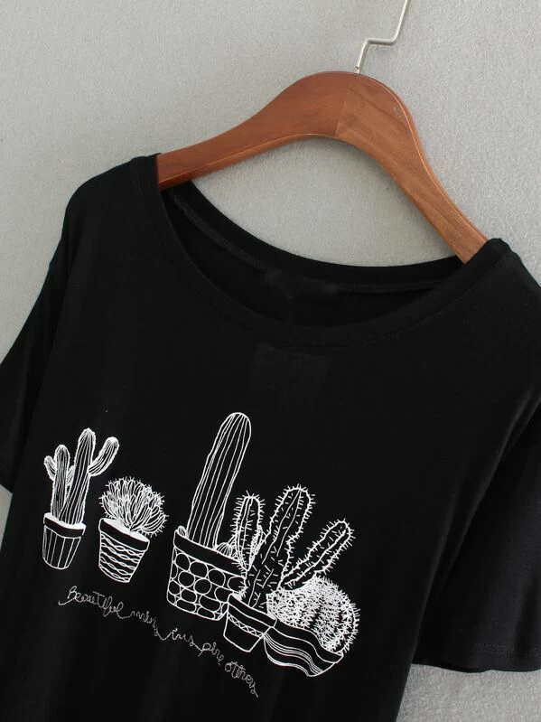 Camiseta manga corta Cactus bordado negro | Mode de Mujer Camiseta con estampado de cactus Spanish SheIn(Sheinside