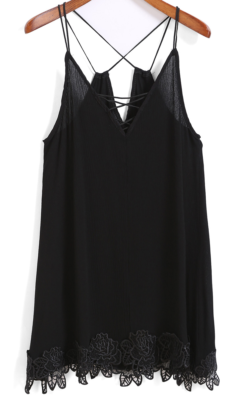Black Spaghetti Strap Embroidered Long Cami Top -SheIn(Sheinside)