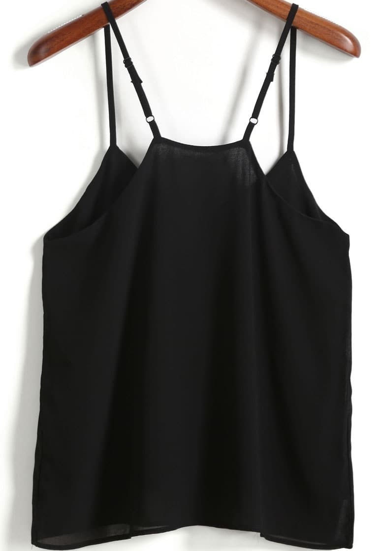 Black Spaghetti Strap Embroidered Chiffon Cami Top -SheIn(Sheinside)