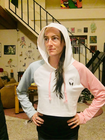 alien print contrast sleeve hoodie