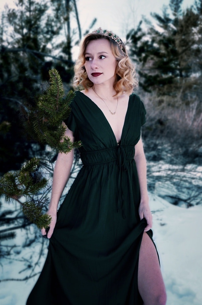 plunging neck tie front ruched split thigh dress