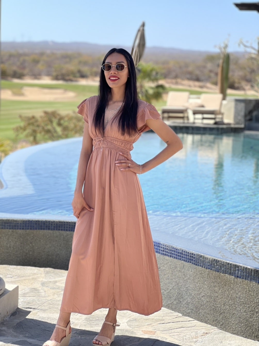 plunging neck tie front ruched split thigh dress