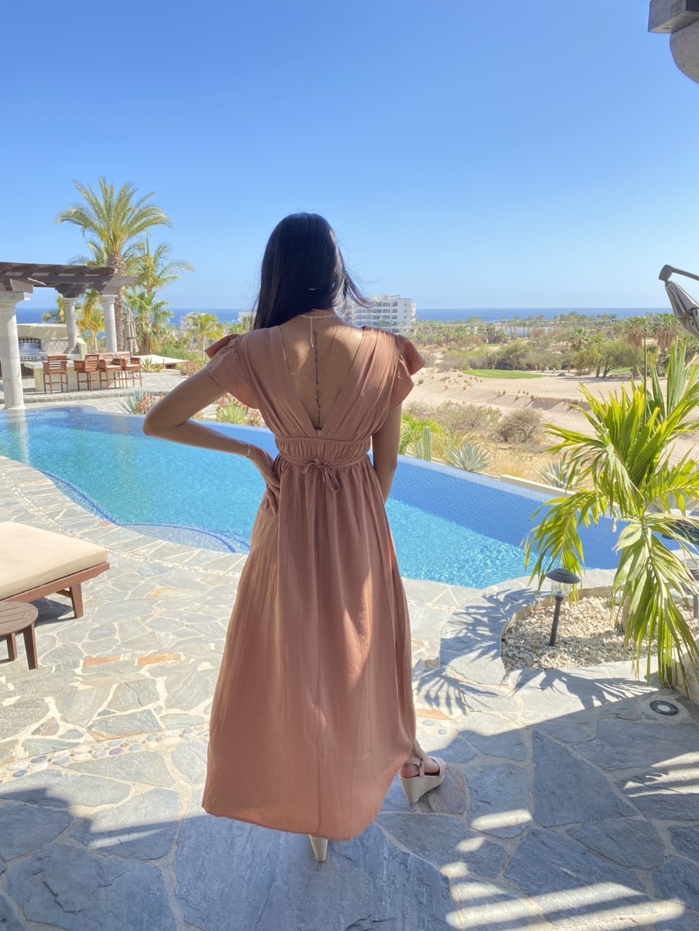 plunging neck tie front ruched split thigh dress