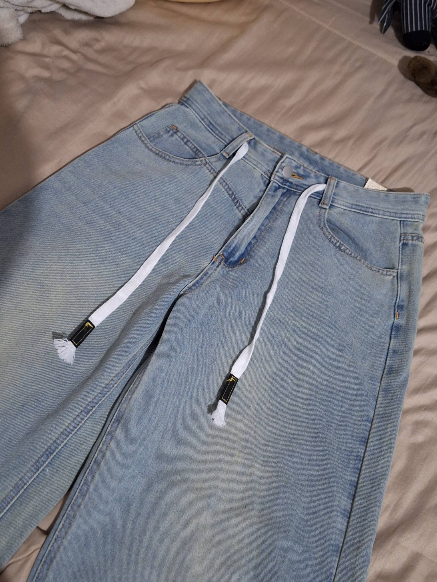 【in a row】Light String Loose Denim Flamingals Wide Leg Low Rise Casual Drawstring Cut Out Denim