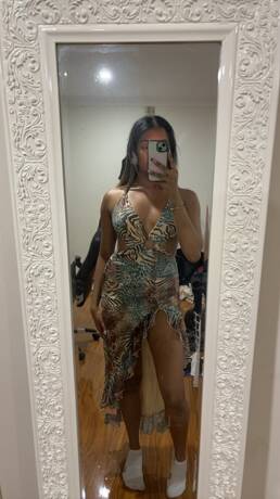 SHEIN BAE Hollow Out Random Printed High Slit Ruffle Hem Dress