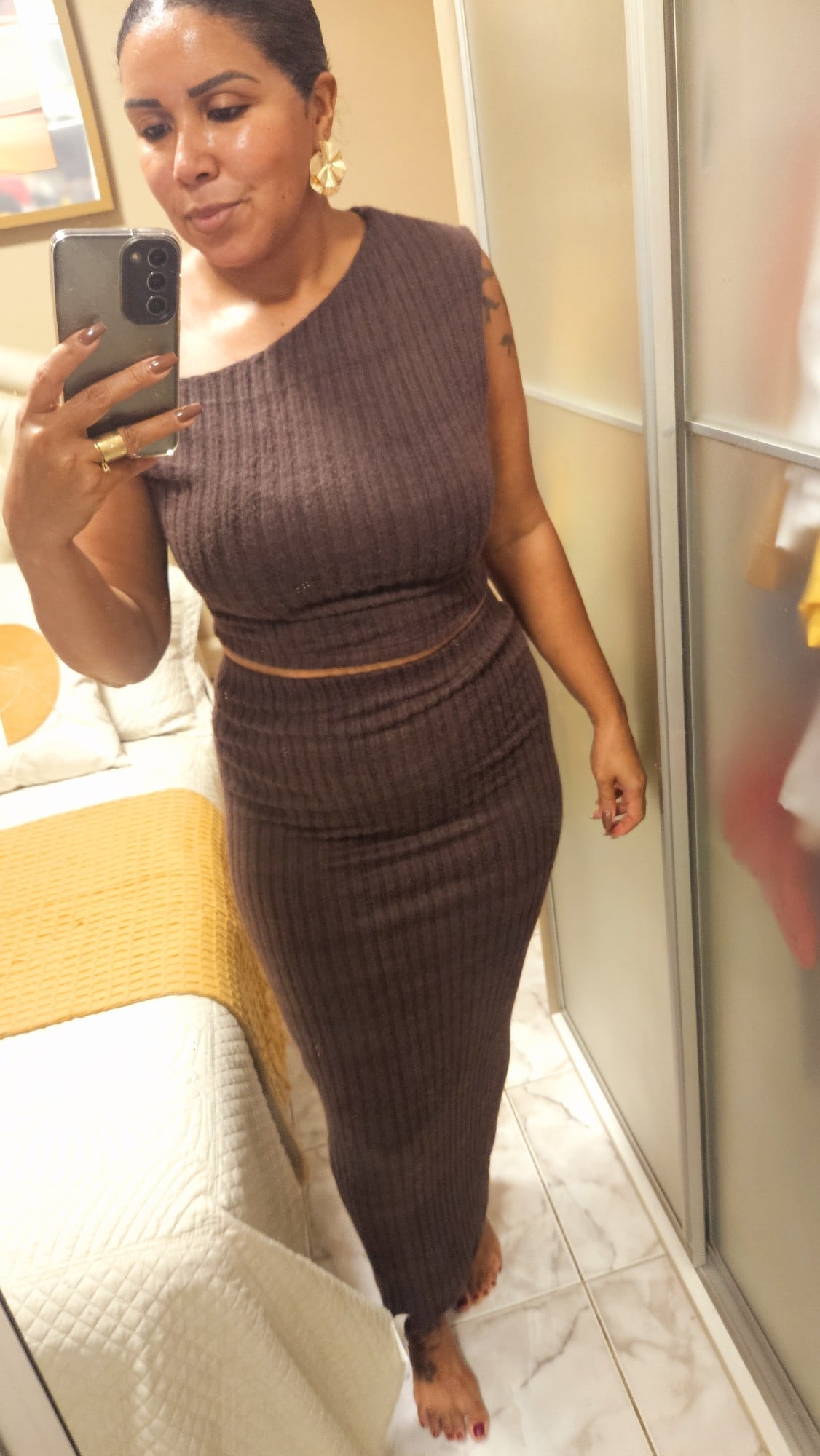 【NONCODE】Wesson Color Matching Ribbed Skirt Rib Knit Asymmetric Neckline Sleeveless Crop Top And Bodycon