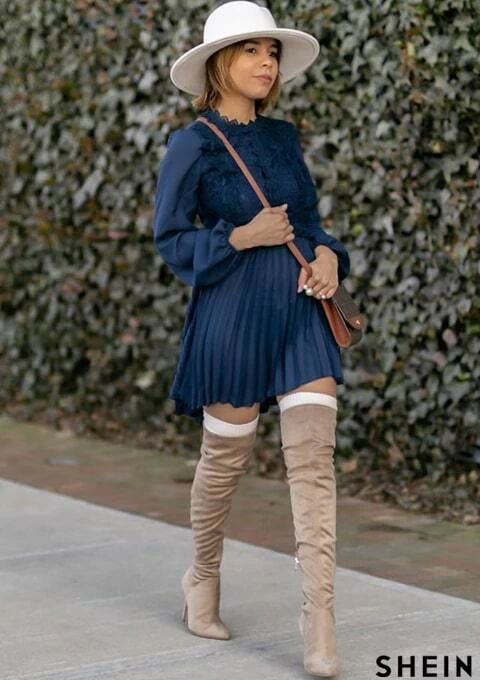 Bishop sleeve lace bodice pleated hem dress Clearance