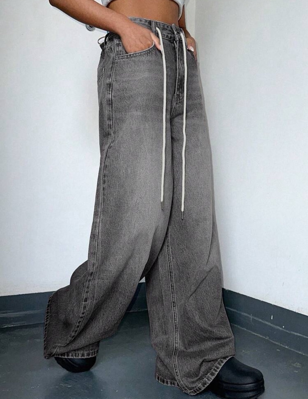 Women's Drawstring Waist Loose Fit Denim Pants,Baggy Jeans｜DAZY